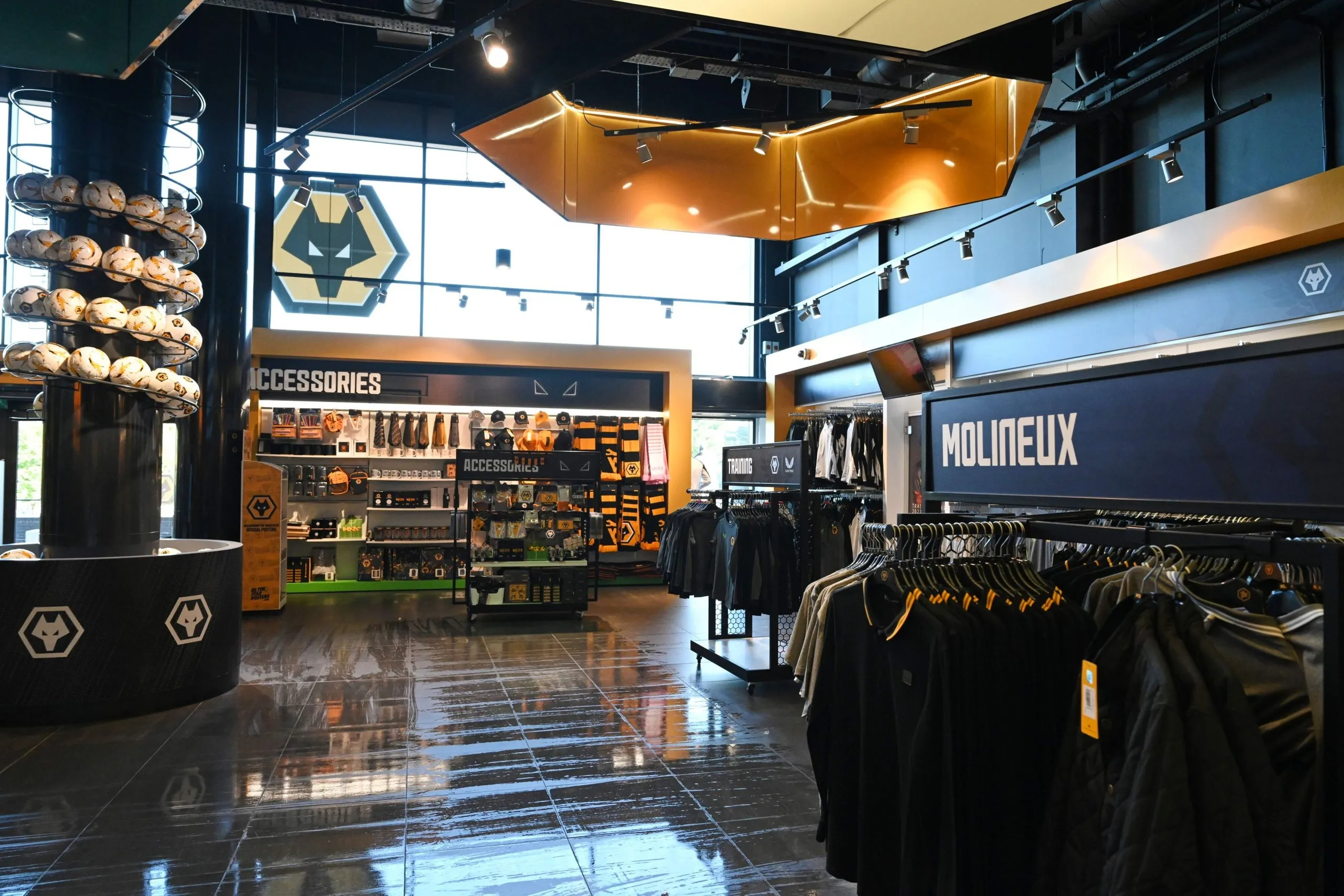 Wolves megastore at Molineux with accessories bay, team kit and hexagonal lighting