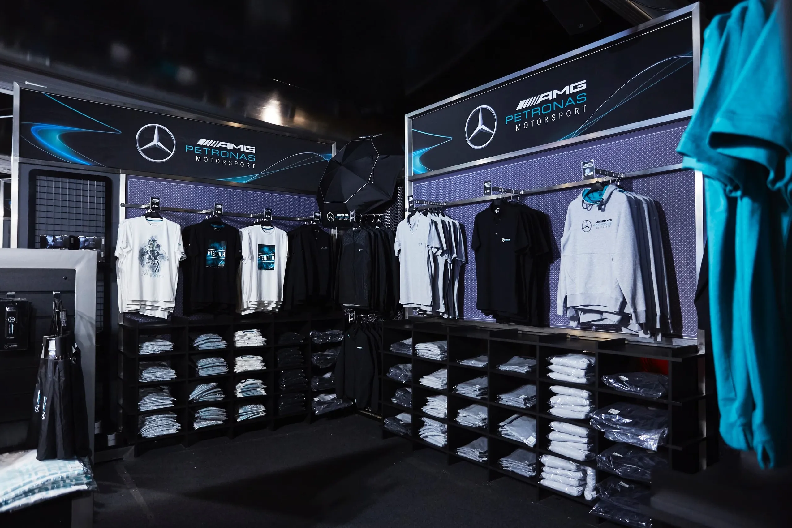 Mercedes-AMG Petronas team merchandise bay in a Formula 1 pop-up store