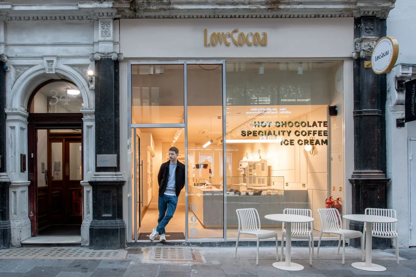 Love Cocoa café and shop front with glazed frontage and outdoor seating